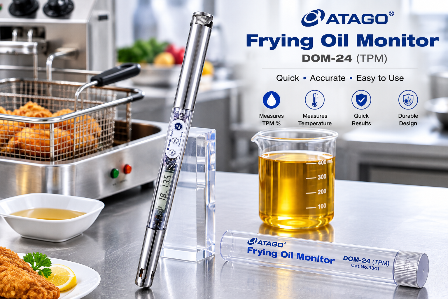 ATAGO DOM-24 Frying Oil Monitor | TPM & Acid Value (AV) Meter | 0.5–40.0% TPM | 0–225°C Temperature Range | IP67 | Cat. No. 9341