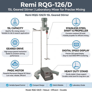 REMI RQG-126/D Medium Duty Geared Laboratory Stirrer | PMDC Motor | 50–750 RPM | 15 L Capacity | 8 × 450 mm SS 316 Shaft | 75 mm 4-Cross Blade Impeller