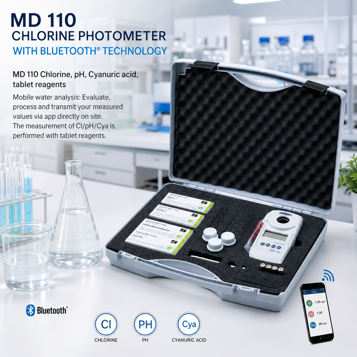 Lovibond MD 110 Chlorine Photometer with Bluetooth | 3-in-1 Chlorine, pH & Cyanuric Acid Water Tester