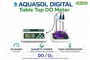 AQUASOL DIGITAL ABT204 Table Top Dissolved Oxygen (DO) & Temperature Meter with Magnetic Stirrer | 0–20.00 mg/L DO | 0–200.0% O₂ | 0–110°C | Built-in ATC | Memory & USB Connectivity