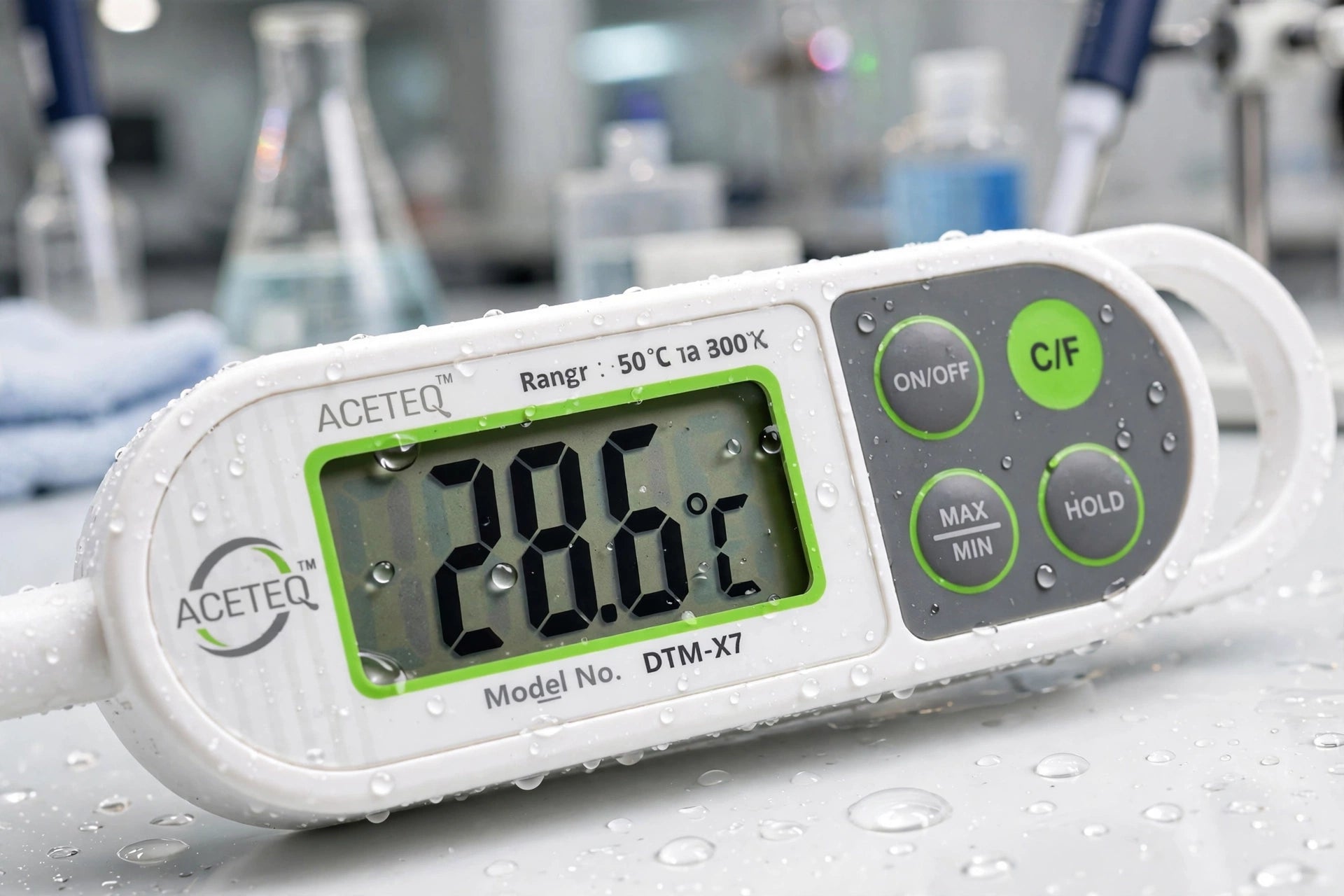ACETEQ DTM-X7 Waterproof Digital Thermometer, -50°C to 300°C, IPX6, Stainless Steel Probe, 0.1°C Resolution